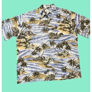 Pierre Cardin Rayon Hawaiian Button-Up Shirt L Tropical Palm Island Print